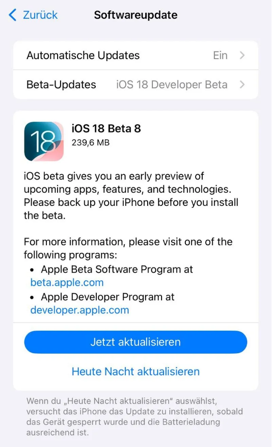 万柏林苹果手机维修分享苹果 iOS / iPadOS 18 开发者预览版 Beta 8 发布 